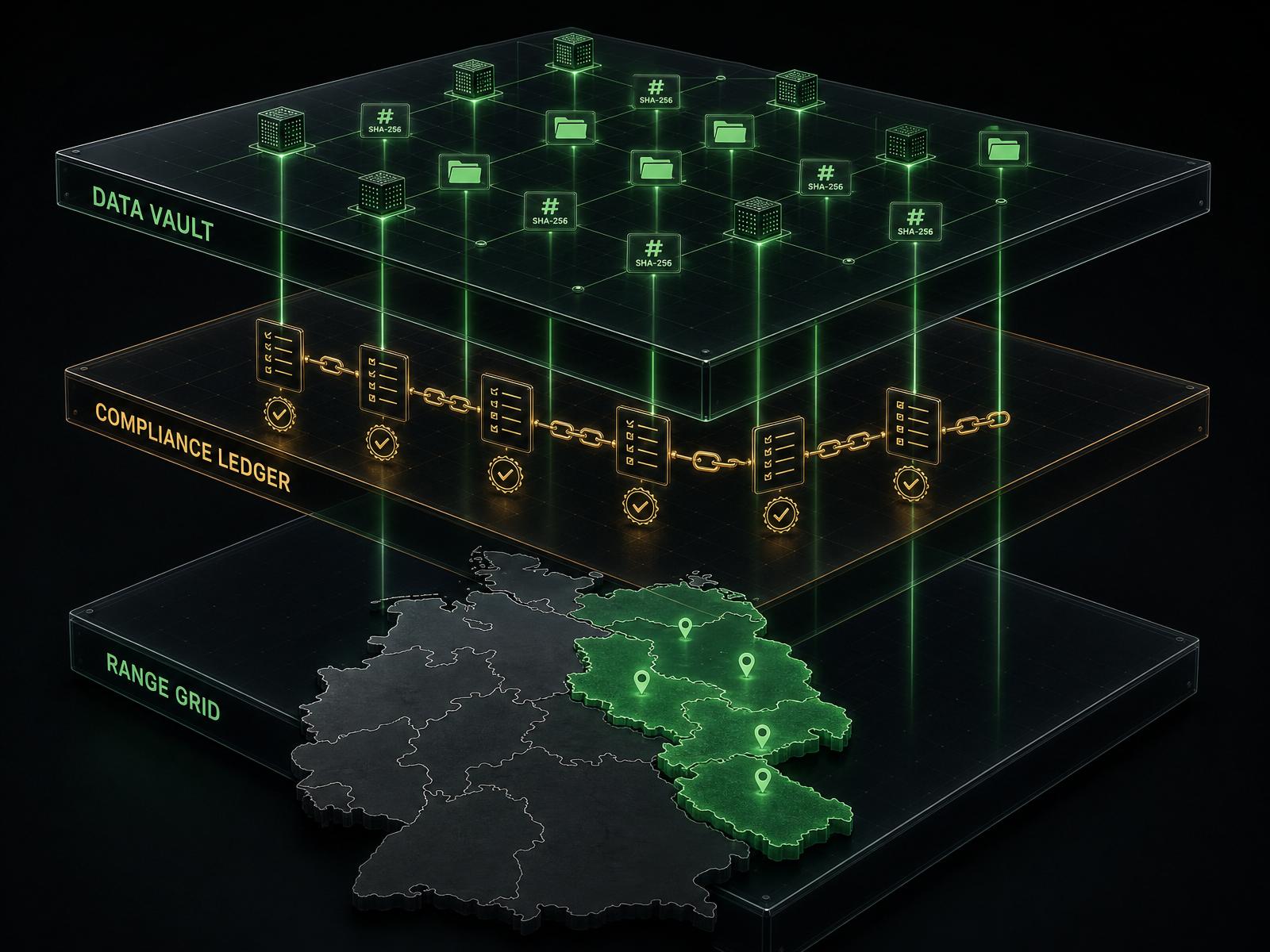 Corridor Stack - Range Grid, Compliance Ledger und Data Vault über den aktiven Bundesländern MV, BB, SA und SN